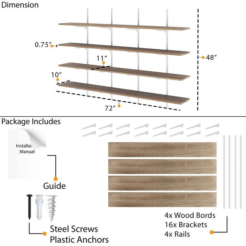Wallniture Turin 72" Floating Wall Shelves with White Adjustable Brackets, Living Room & Office Decor, Hanging, Burnt,2,3,4 Tier