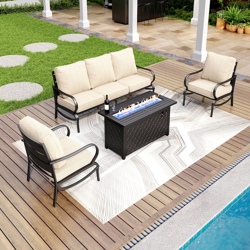 MAISON ARTS Patio Furniture Set 4/6-Piece Outdoor Conversation Set with Gas Fire Pit Table - Set 1 - Beige