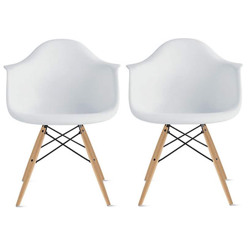 Set of 2 Plastic Accent Modern Designer Dining Chair With Arms Molded Shell Desk Natural Wooden Legs Kitchen Patio - White
