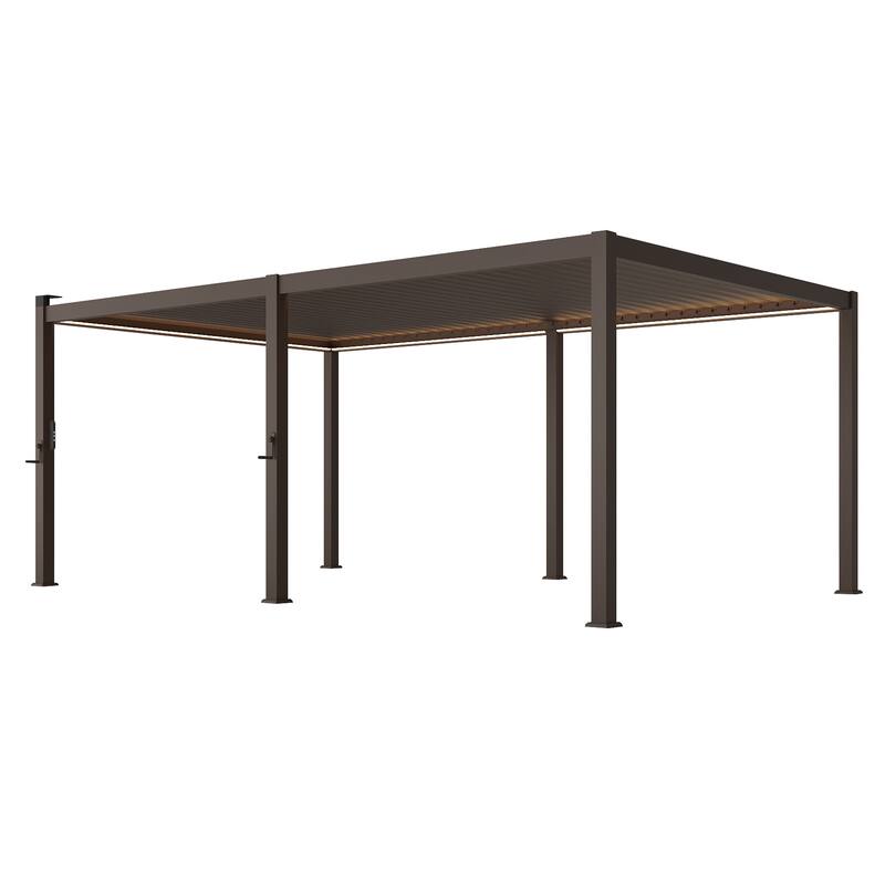 BONOSUKI Outdoor Aluminized Steel LED Louvered Pergola with Adjustable Roof, Brown