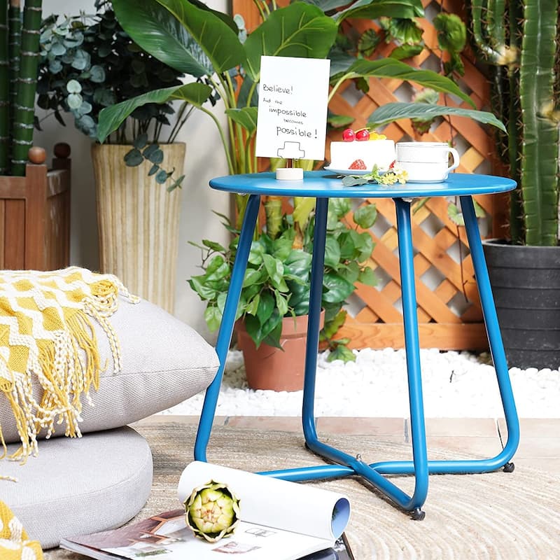 Patio Side Tables for Outside, Small End Table Accent Table Metal Round for Deck Garden Porch Balcony Yard Lawn - φ17.7" - Peacock blue