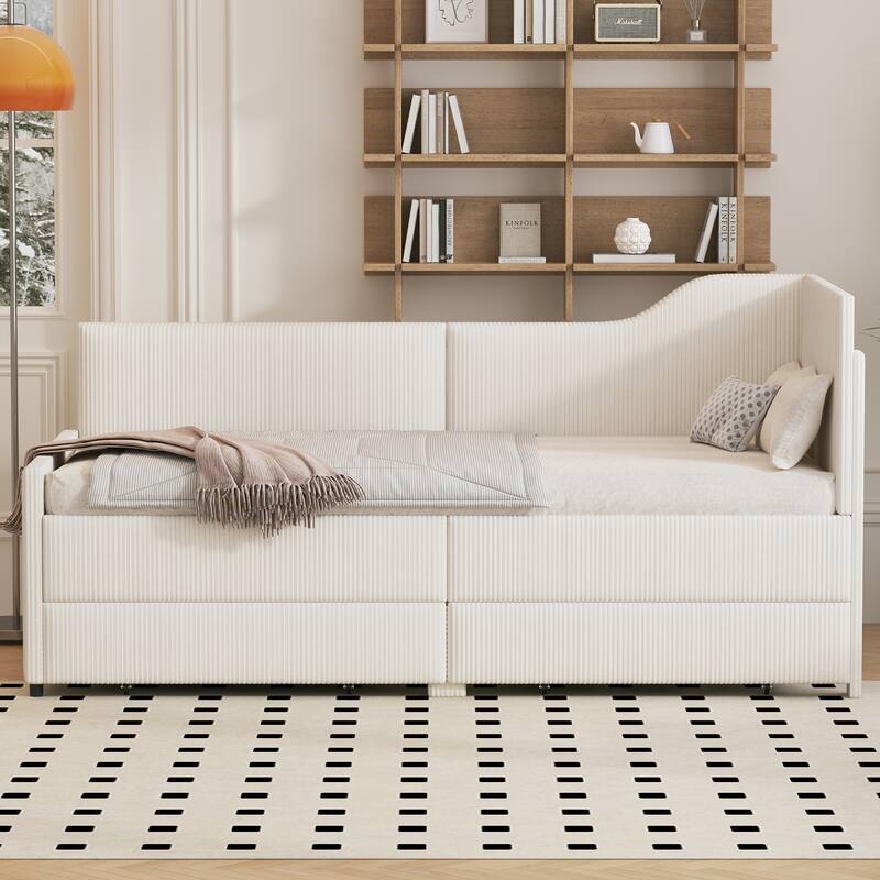 Vertical Lines Upholstered Platform Bed Frame with 2 Storage Drawers, L-Shaped Corduroy Daybed Sofabed