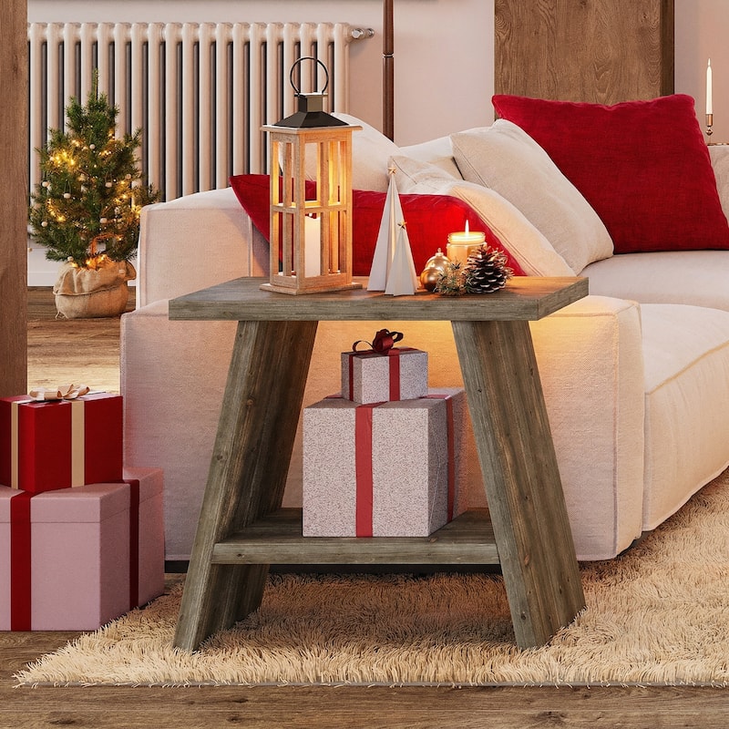 Solid Wood 2-tier Narrow Side End Table for Living Room - 11.81"D x 23.62"W x 23.62"H - Weathered Gray