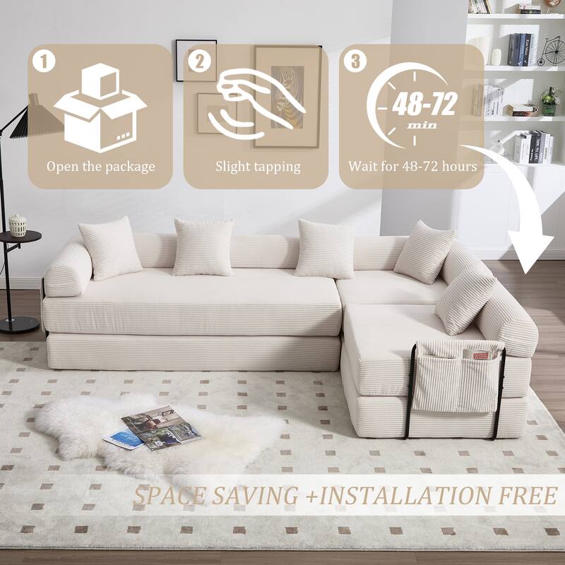 HOMEFUN Corduroy Upholstered Convertible Folding Sofa Bed with Fixed Frame and Pillow Back Handrail