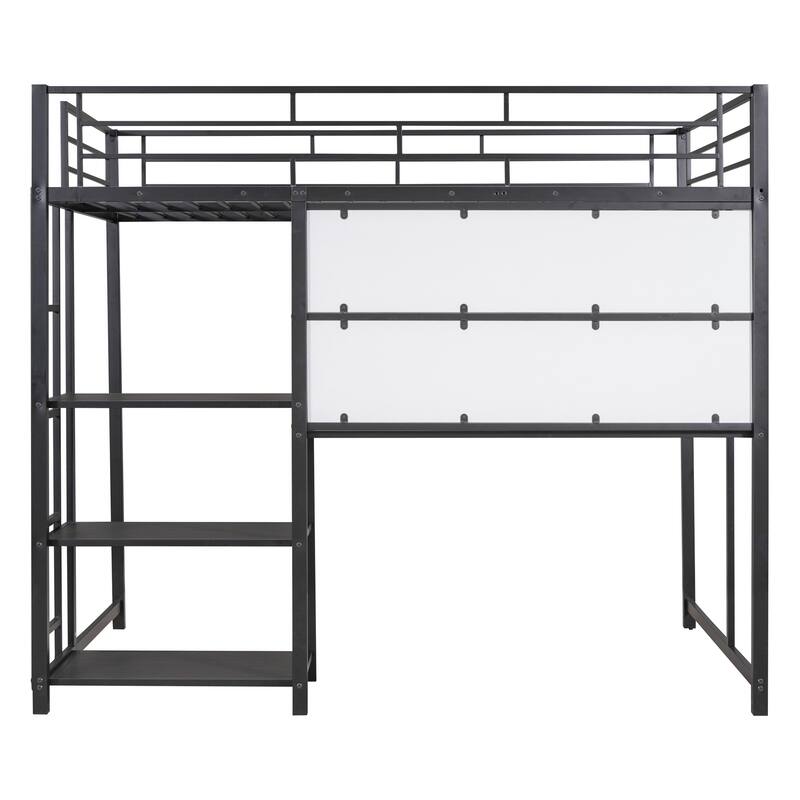 Twin Metal Loft Bed with Desk, Shelves, and Whiteboard, Space-Saving Design