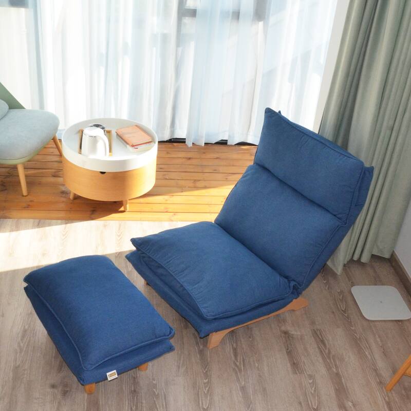 Dark Blue Upholstered Armless Manual Lazy Recliner Set with Ottoman, Adjustable Headrest and Backrest, 180° Flat Lay