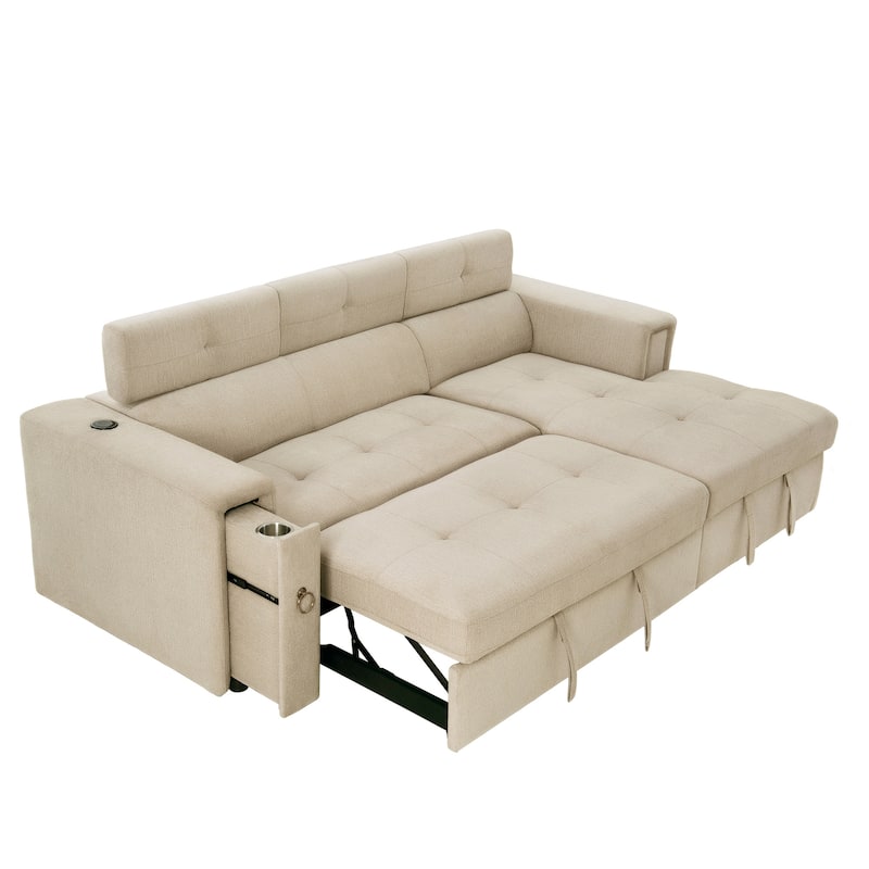 96" L-Shaped 3-Seat Sectional Sofa with Pull-Out Bed, Wireless Charging, and Hidden Storage with Cup Holders