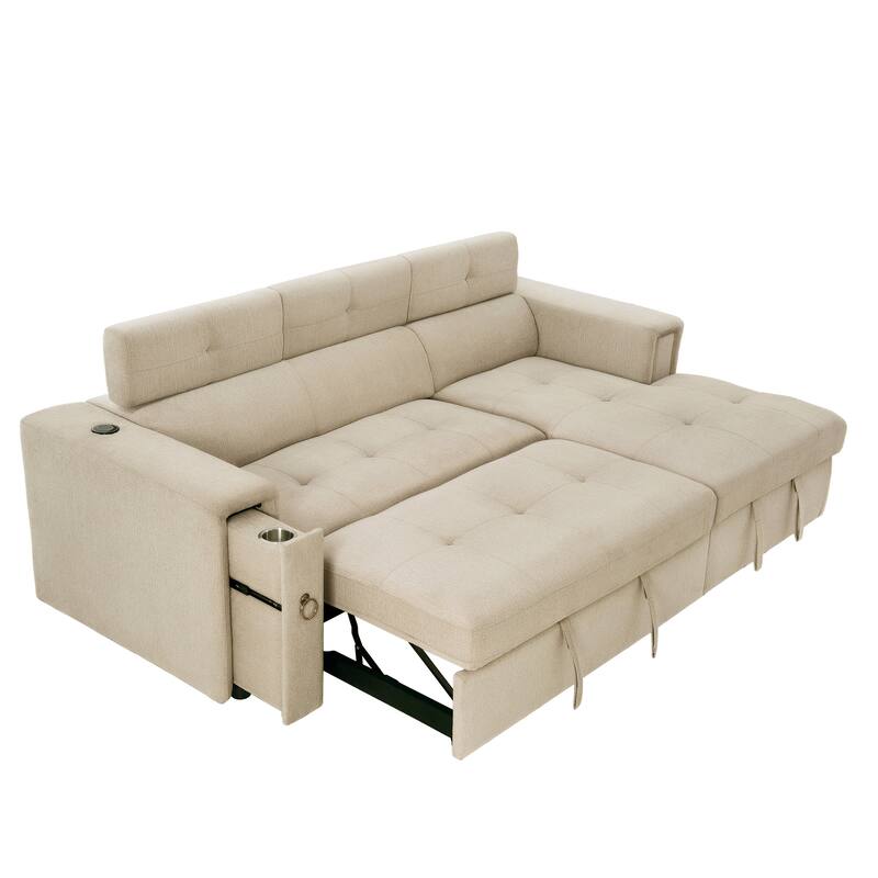 Beige 96" L-Shaped 3-Seater Sectional Sofa with Pull-Out Bed, Wireless Charging, Hidden Storage, and Cup Holders