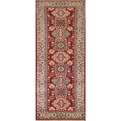 Geometric Red Kazak Indian Runner Rug Handmade Wool Carpet - 2'5"x 7'10"