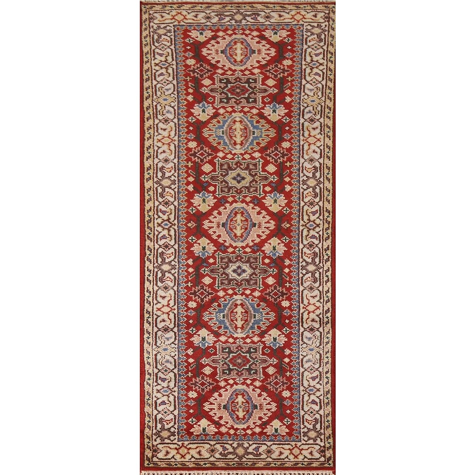 Geometric Red Kazak Indian Runner Rug Handmade Wool Carpet - 2'5"x 7'10"
