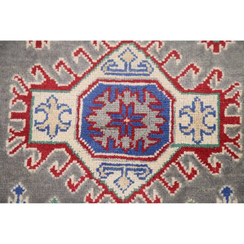 Hand Knotted Oriental 100% Wool Carpet Traditional Geometric Greys & Charcoal Kazak Runner Rug - 6' 7'' X 2' 7''