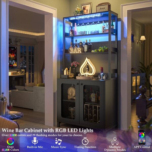 67" Tall Wine Bar Cabinet Liquor Cabinet with LED Lights ＆ Glass Holder ＆ Power Outlets,5-Tiers Corner Utensils Display Cabinet