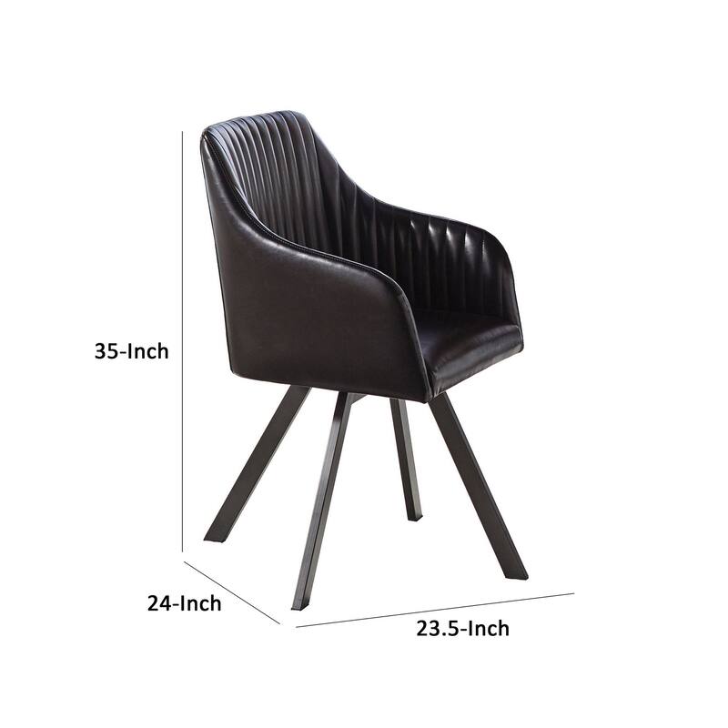 24 Inch Swivel Accent Chair, Black Faux Leather Seat, Channel Tufted Design