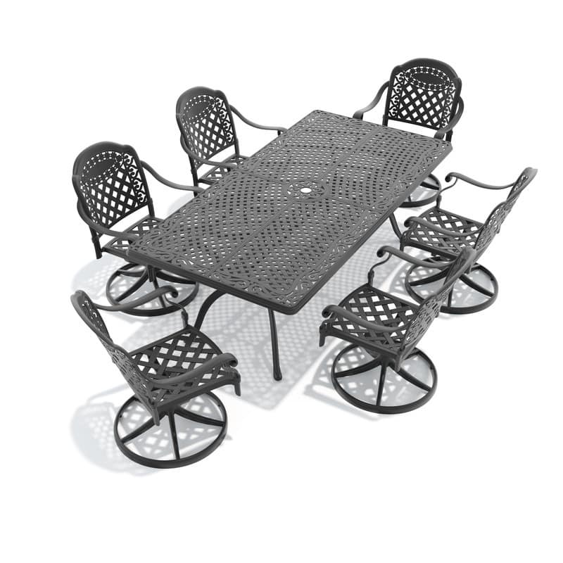 7-Piece Aluminum Rectangular Outdoor Patio Dining Set, 6 Cushioned Swivel Chairs, Table, All-Weather Frames