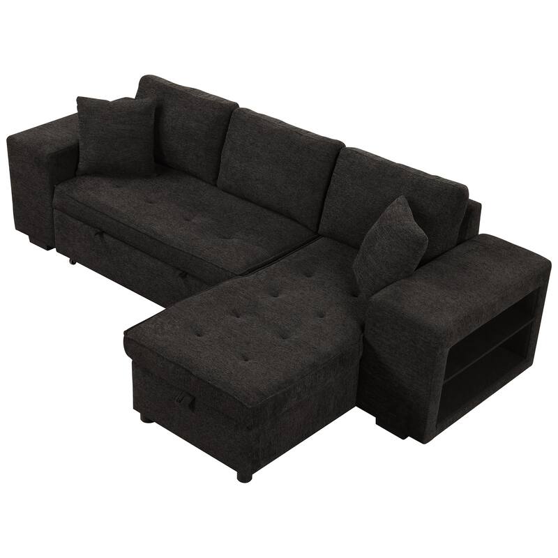 104.5" L-Shape 3 Seat Reversible Sectional Couch with Storage Chaise and 2 Stools, Modern Pull Out Sleeper Sofa with Pillow