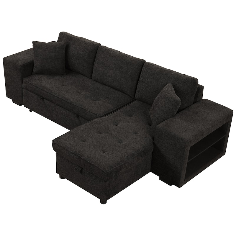 Roomfitters 3-Seater Modern L-Shape Reversible Sectional Couch, Pull-Out Sleeper Sofa with Storage Chaise and Two Stools
