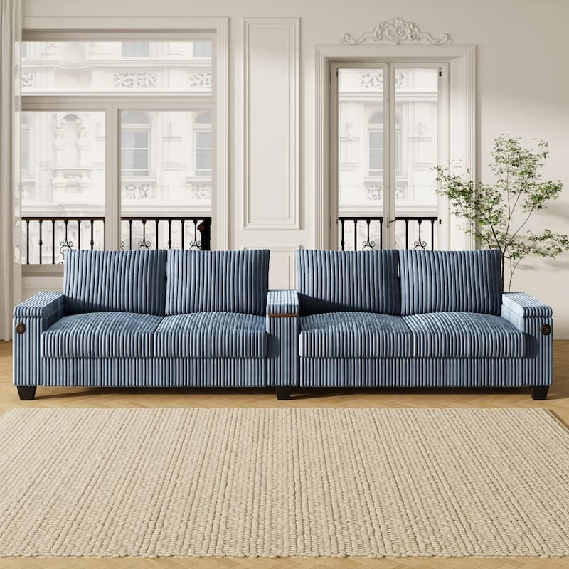 133" Modern 4-seater Corduroy Sofa Couch with USB Ports and Flip-top Cup Holders - Blue