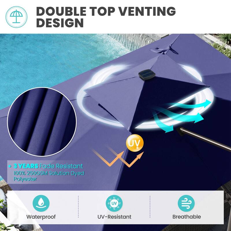 13 x 10 FT Double Top Solar powered LED Patio Cantilever Umbrella Aluminum with Base
