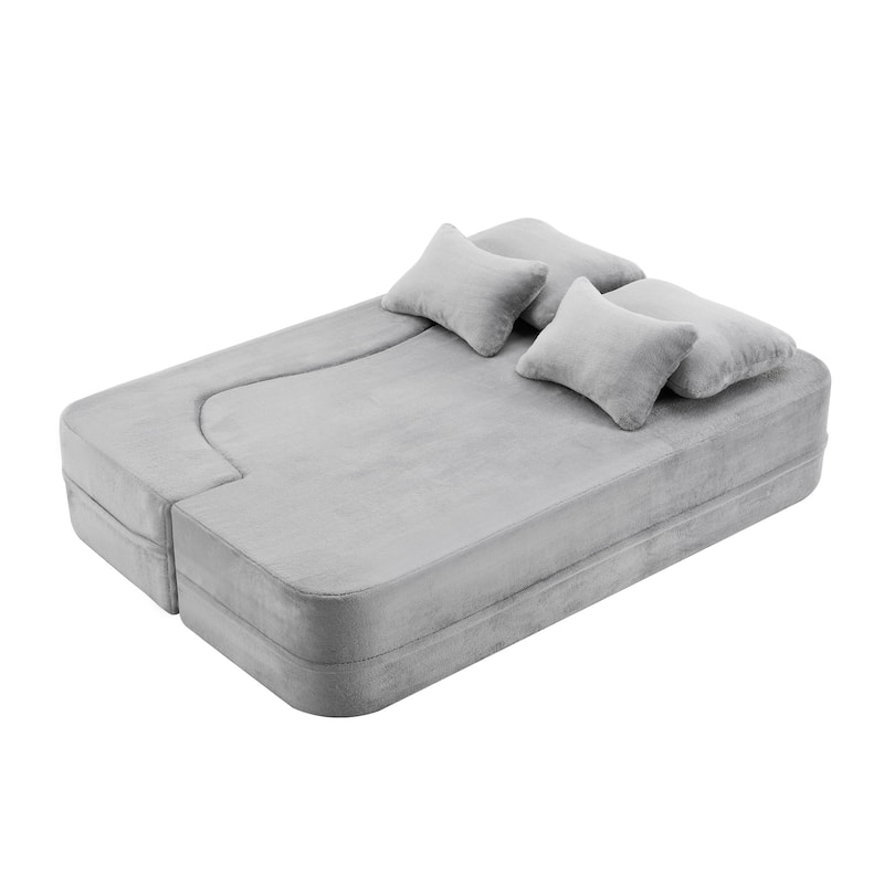 Queen Size Modern Sofa With 4 Pillows,Plush Fabric Futon Sofa Couch,High-Density Foam Folding Mattress,No Assembly Required