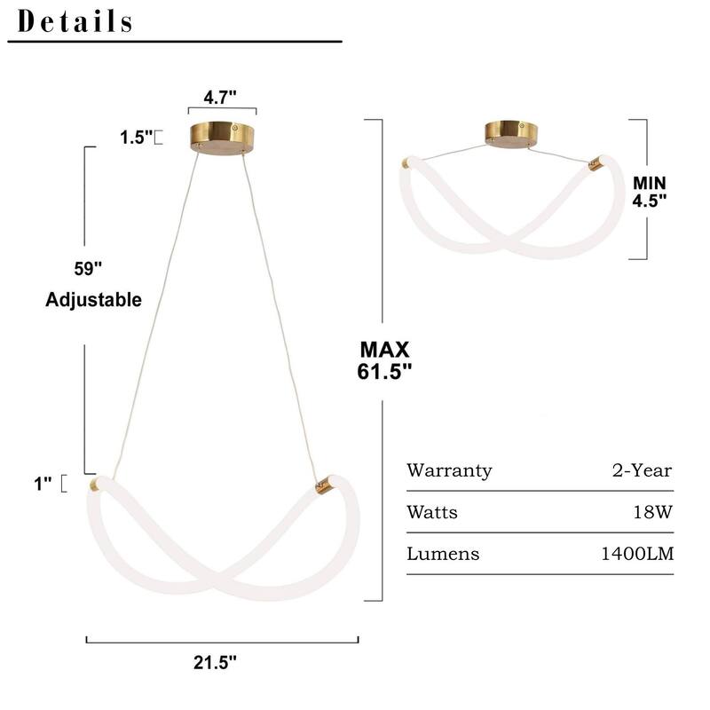 21.5 " Modern Integrated LED Chandelier White Gold Pendant Light for Dining Room