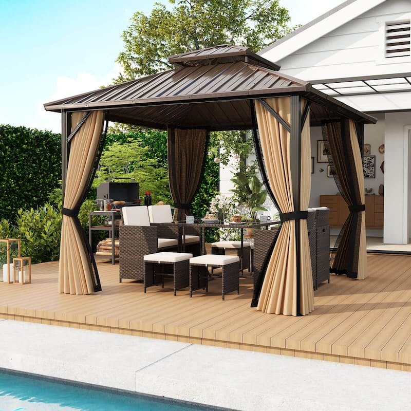 Costway 10 x 10 FT Hardtop Gazebo with Netting Heavy-Duty Double-Roof - Coffee