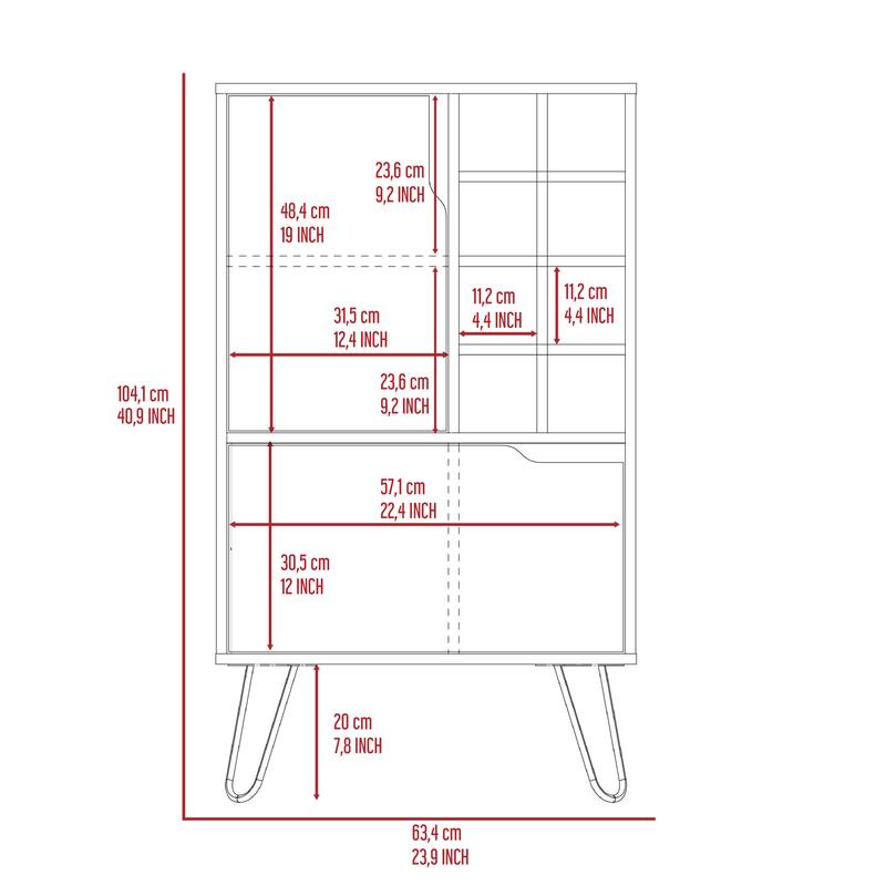 FM Furniture Sheffield L Bar Cabinet with 2 Doors, 4 Inner Shelves, 8 Cubbies, and Hairpin Legs