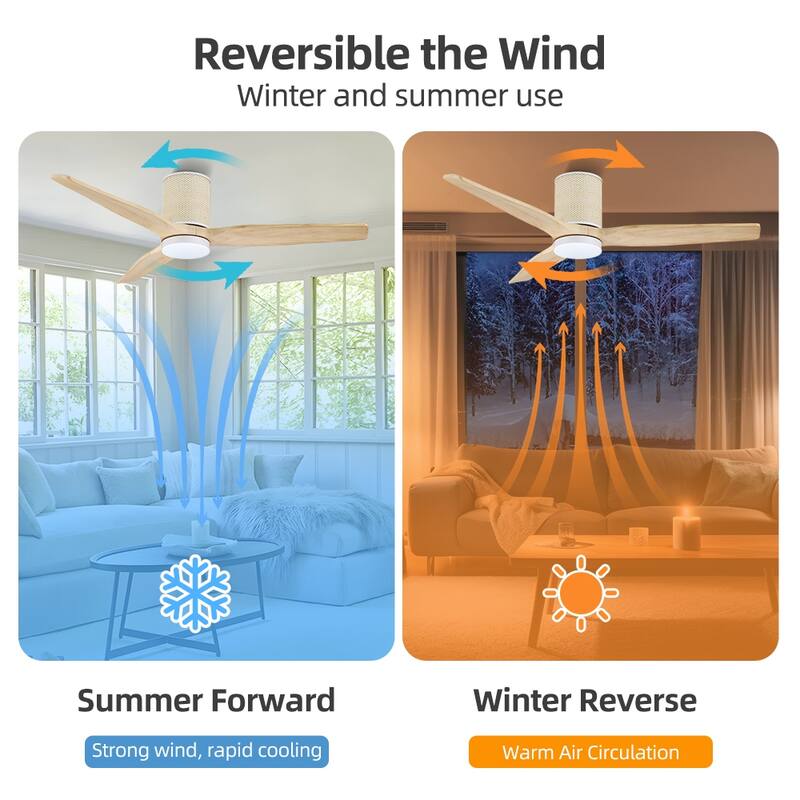 MLiAN 52 In. 3 Solid Wood Blades Flush Mount Ceiling Fan with Light Kit - 52"