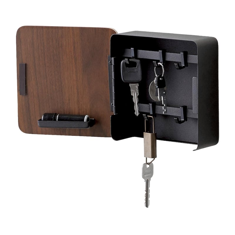 Yamazaki Home Magnetic Key Cabinet, Steel and Wood, Holds 2.2 lbs - L 2.24 x W 6.22 x H 6.22 inches - Walnut
