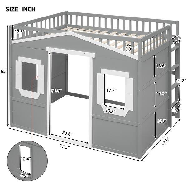 dimension image slide 0 of 3, Full Size House Loft Bed, Wood House Bed Frame with Windows, Child Loft Bed with Ladder and Safety Guardrails