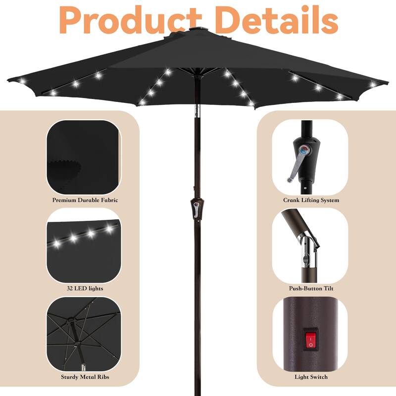 9ft Patio Market Umbrella with LED Lights,Crank & Tilt