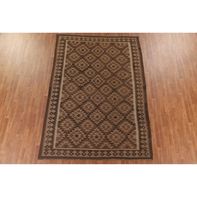Hand Woven Oriental 100% Wool Carpet Southwestern Geometric Brown Kilim Area Rug - 9' 6'' X 6' 7''