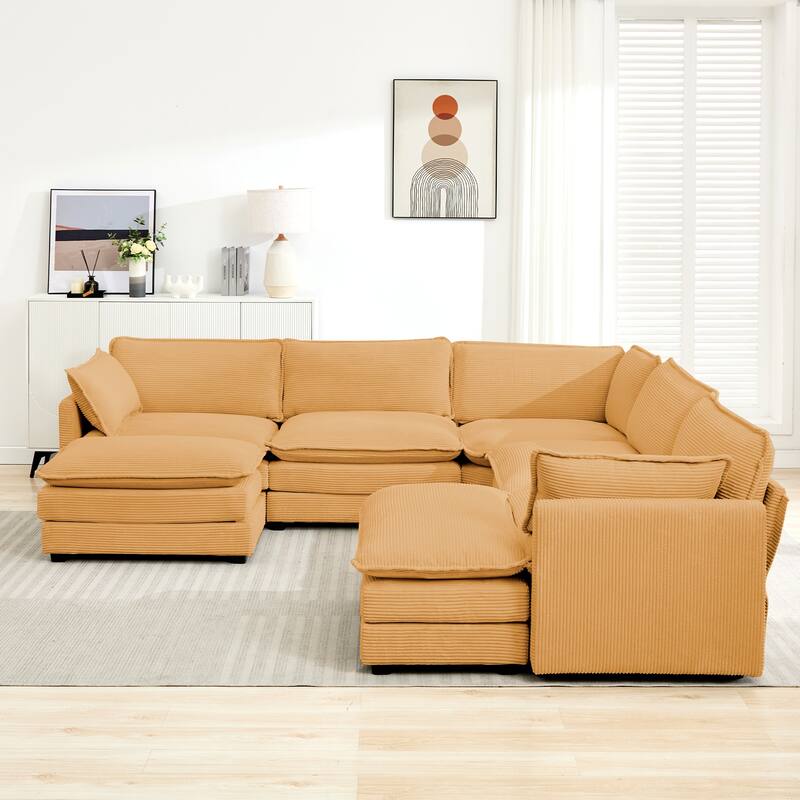 7-Seater Corduroy Sectional Sofa with 2 Removable Ottomans & Corner Seat, Soft & Comfortable - 5 Seats with 2 Ottoman