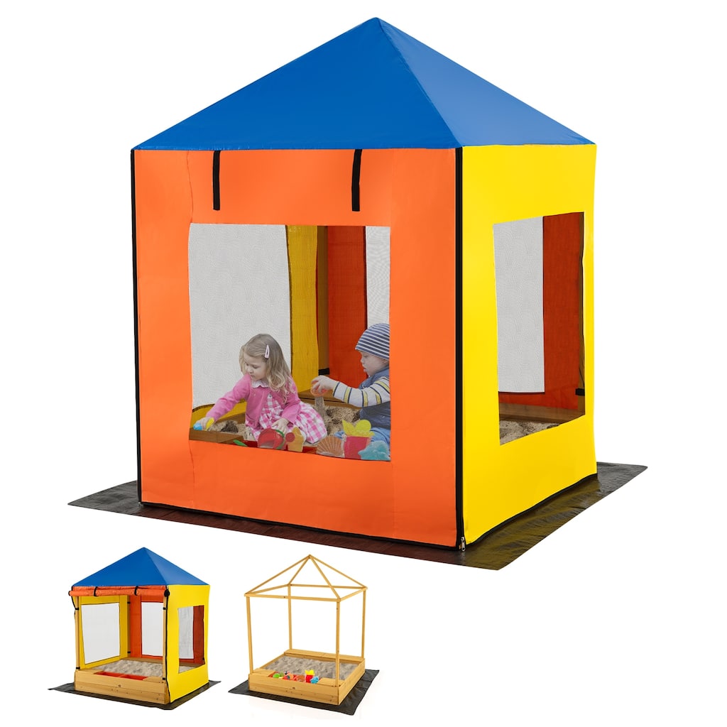 Multicolor PE Wood Kids Sandbox with Canopy, Storage Benches and Ventilated Design - 43.5" x 43.5" x 61" (L x W x H)