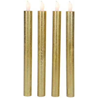4 Textured Gold-Tone LED Flameless Flickering Taper Candles 9.5"
