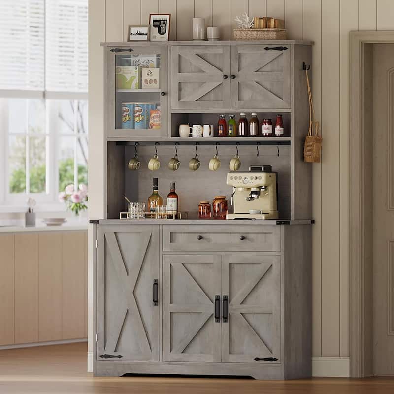 Farmhouse Kitchen Pantry Cabinet Drawer & Doors Adjustable Shelf