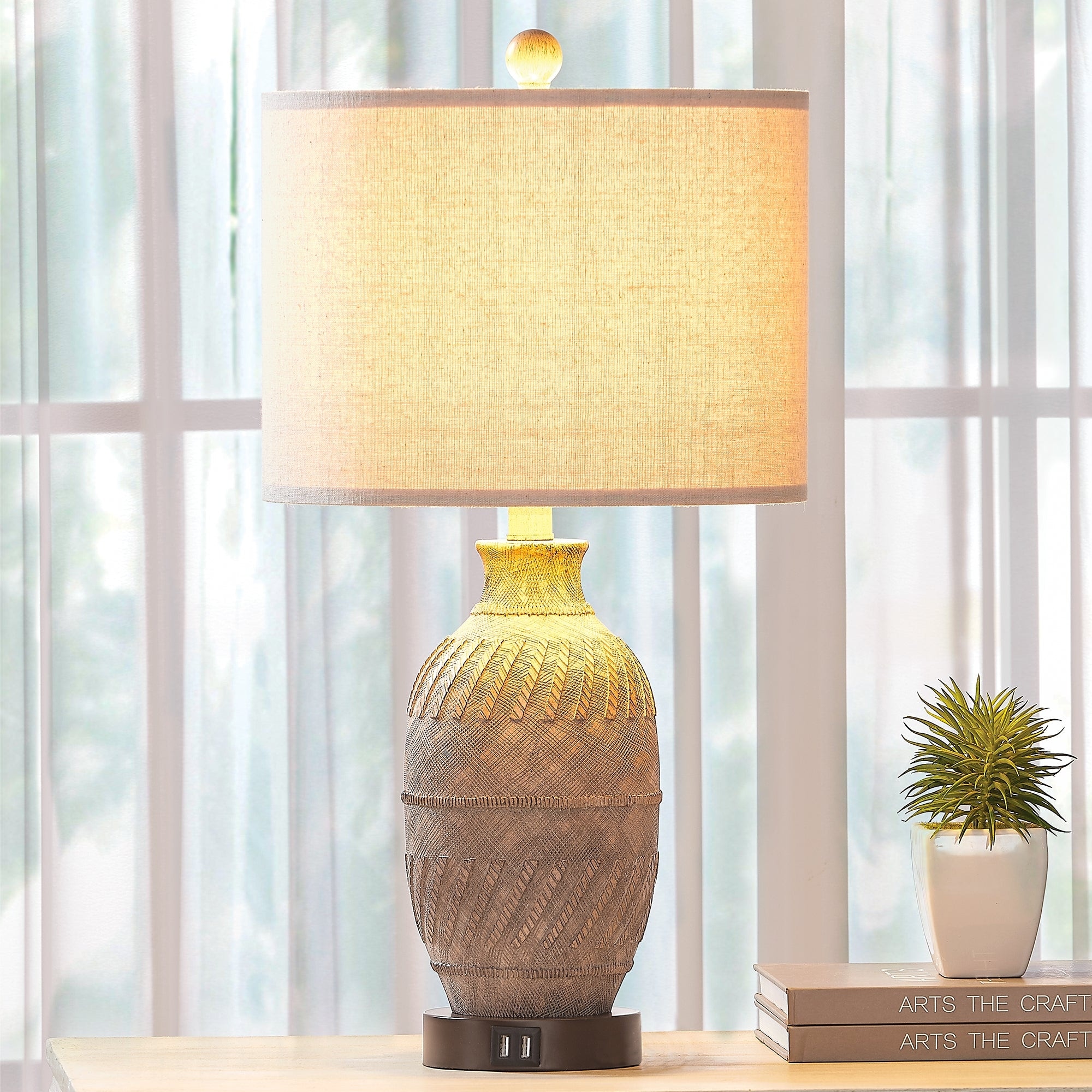 Table Lamp Brown Resin 3-Way Touch Dimming USB Ports - 11.4'' x