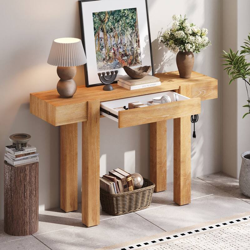 Rustic Minimalist Console Table with Hidden Drawer, Side Power Outlet,Wood Entryway Table for Entryways, Living Rooms