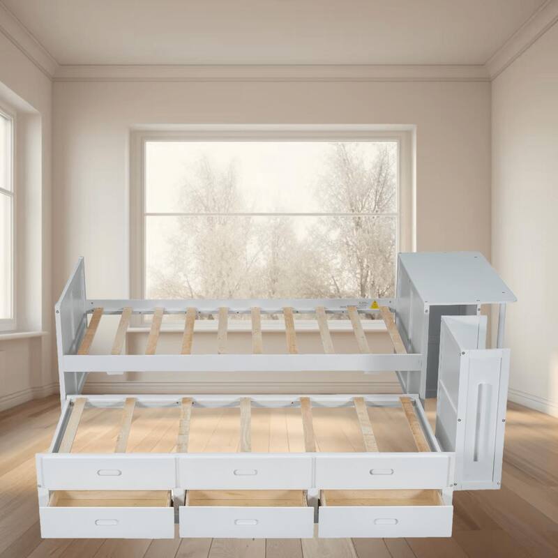 Twin Size Platform Bed Frame with Built-in Desk, Trundle, and 3 Drawers, Storage Shelf for Extra Storage, Bedroom Furniture - White - Twin