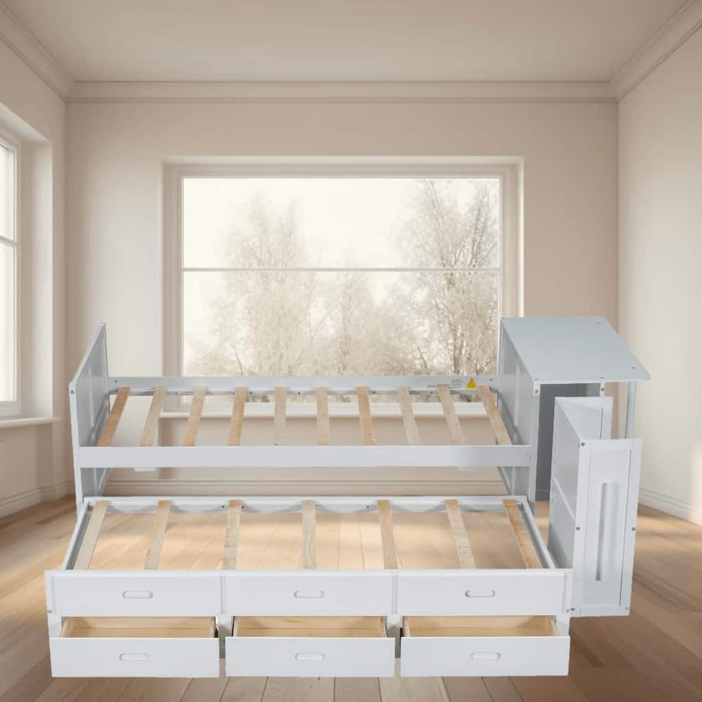 Twin Size Platform Bed Frame with Built-in Desk, Trundle, and 3 Drawers, Storage Shelf for Extra Storage, Bedroom Furniture