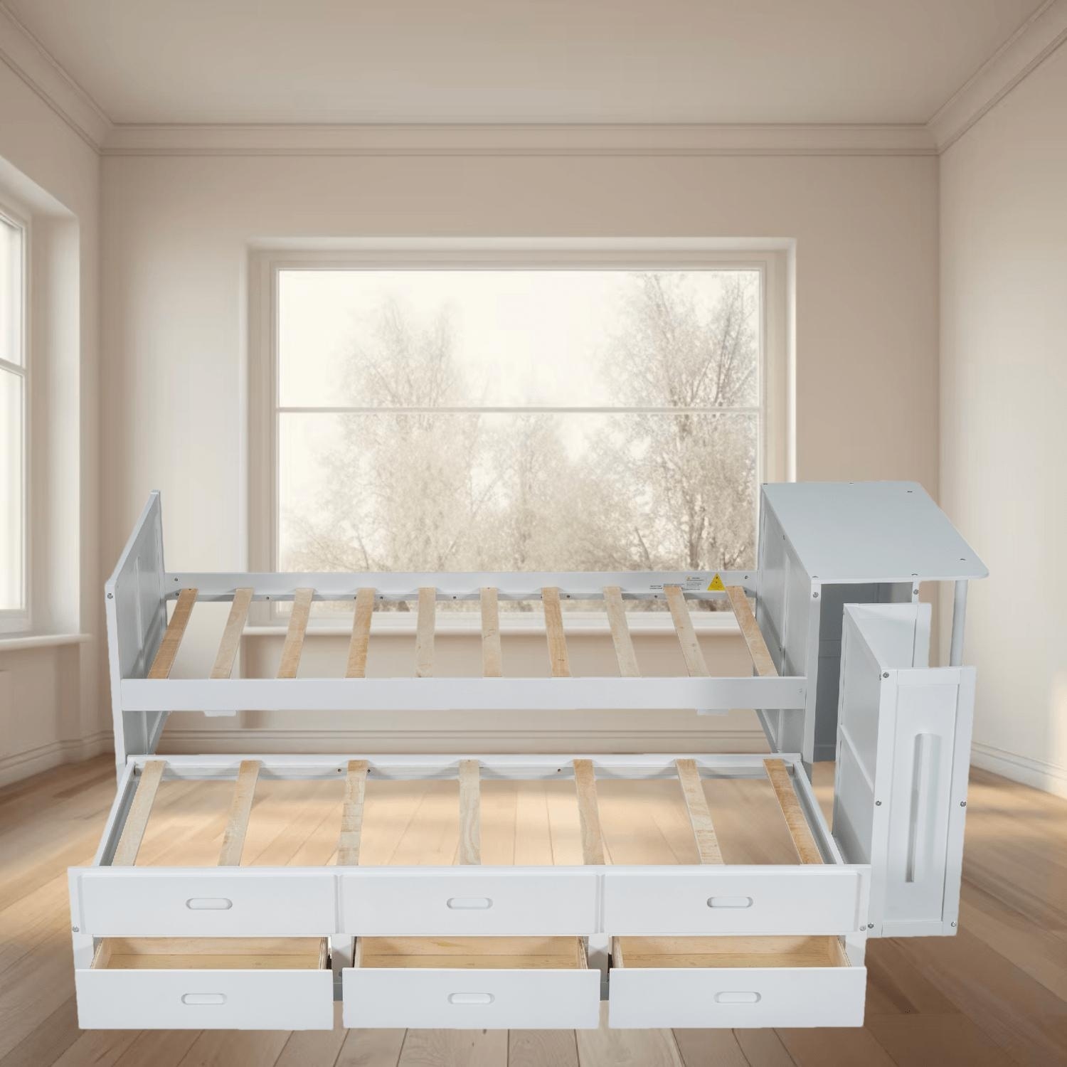 Twin Size Platform Bed Frame with Built-in Desk, Trundle, and 3 Drawers, Storage Shelf for Extra Storage, Bedroom Furniture