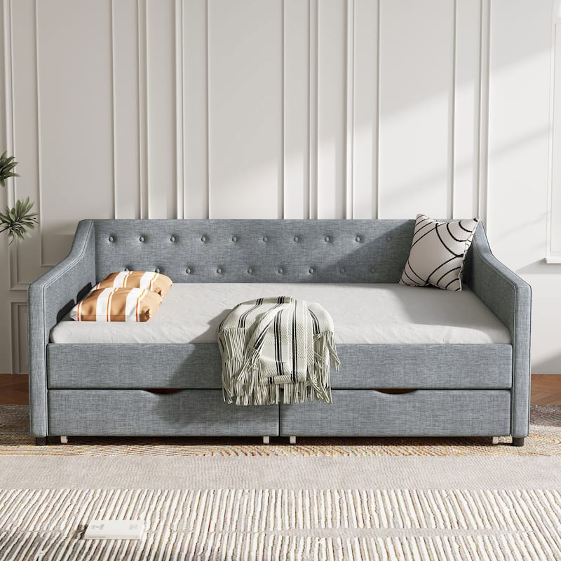Full Size Upholstered Daybed with Drawers, Waved Arms and Tufted Back