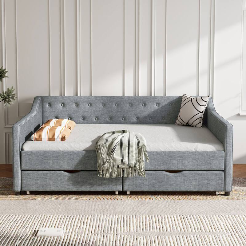 Linen Upholstered Daybed with 2 Drawers, Wooden Platform Sofa Bed Frame with Button Tufted Backrest, No Box Spring Needed - LIGHT GREY - Full