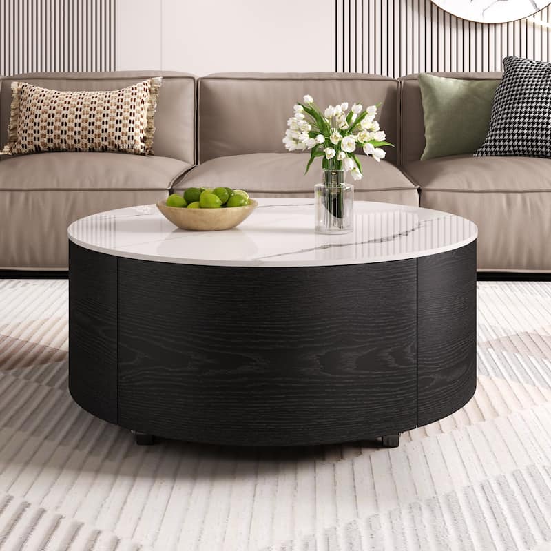 Modern Round Coffee Table with Casters, 2-Drawer Mobile Table with Marble Pattern Sintered Stone Top