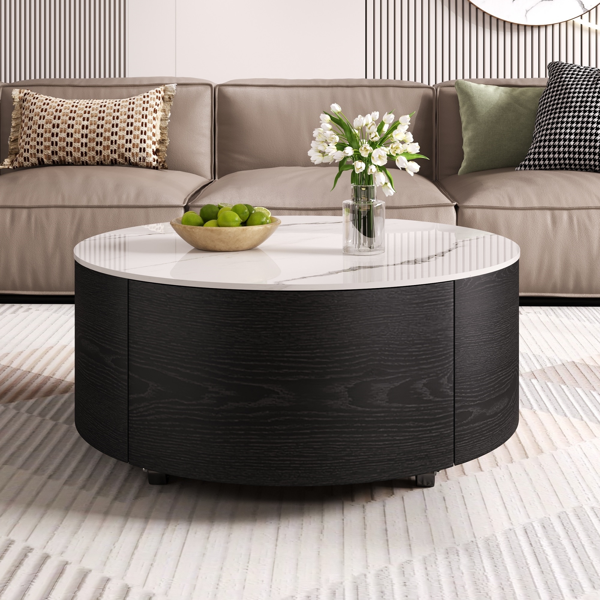 Roomfitters Round Coffee Table with Marble Top, Modern Center Table with Storage & Casters for Living Room