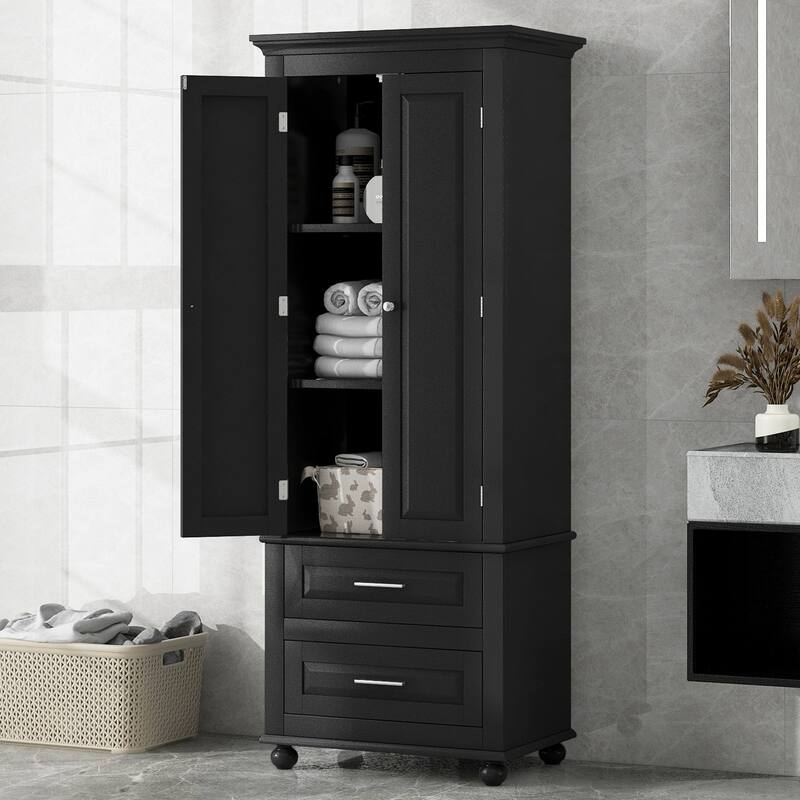 Black Tall Storage Cabinet Bathroom Freestanding Cupboard with 2 Doors, 4 Round Feet and 2 Drawers, Pantry Storage