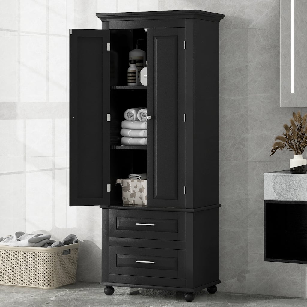 Black Tall Storage Cabinet Bathroom Freestanding Cupboard with 2 Doors, 4 Round Feet and 2 Drawers, Pantry Storage