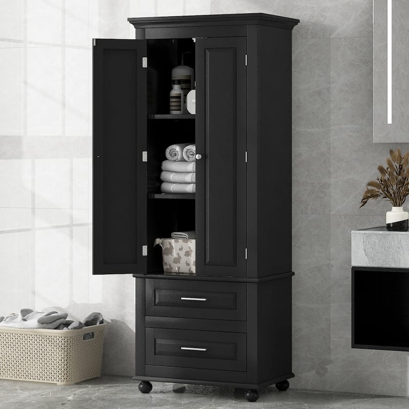 Floor Standing Bathroom Cabinet 62.50" H Wooden Bathroom Cabinet with 2 Drawers 2 Door Vertical Bathroom Organizer Cabinet