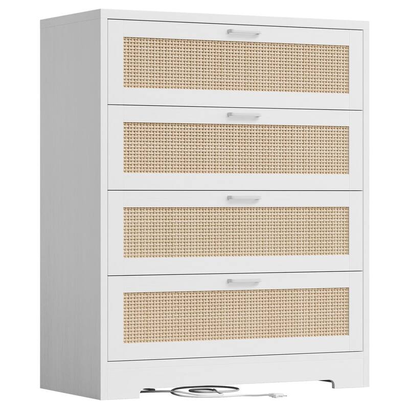 4/5 Drawer Rattan Dresser for Bedroom, Wood Dresser Chest of Drawers with Power Outlets