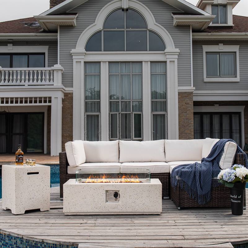 COSIEST 5-Pieces Outdoor Patio Wicker Furniture Set with Fire Pit Set - Rectangle Fire Pit Set