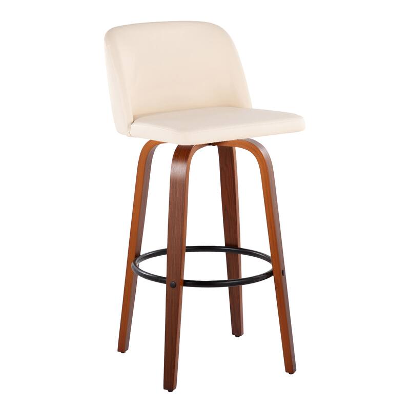 Carson Carrington Vallberga 30" Fixed-Height Bar Stool with Walnut Wood Base (Set of 2) - Cream Faux Leather/Round Black Footrest